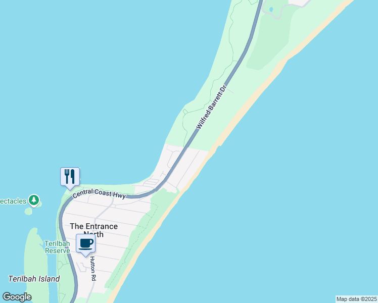 map of restaurants, bars, coffee shops, grocery stores, and more near 34 Wilfred Barrett Drive in The Entrance North