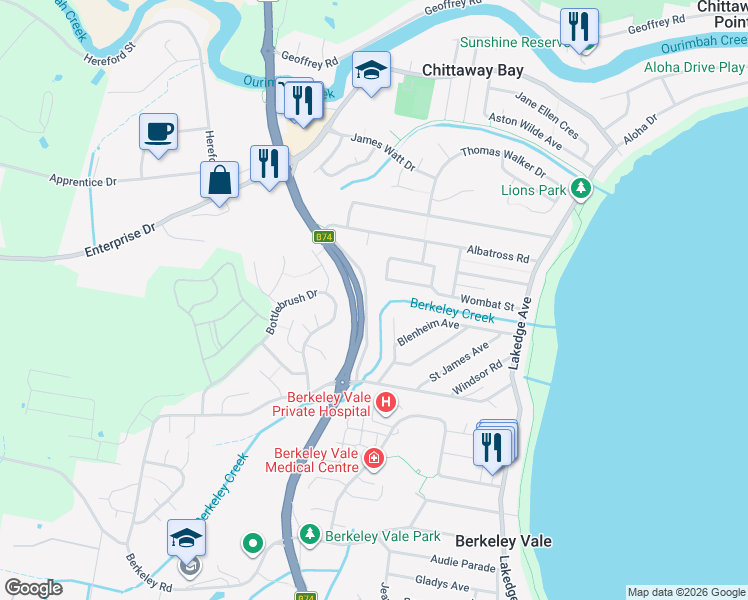 map of restaurants, bars, coffee shops, grocery stores, and more near 237 Cygnet Drive in Berkeley Vale