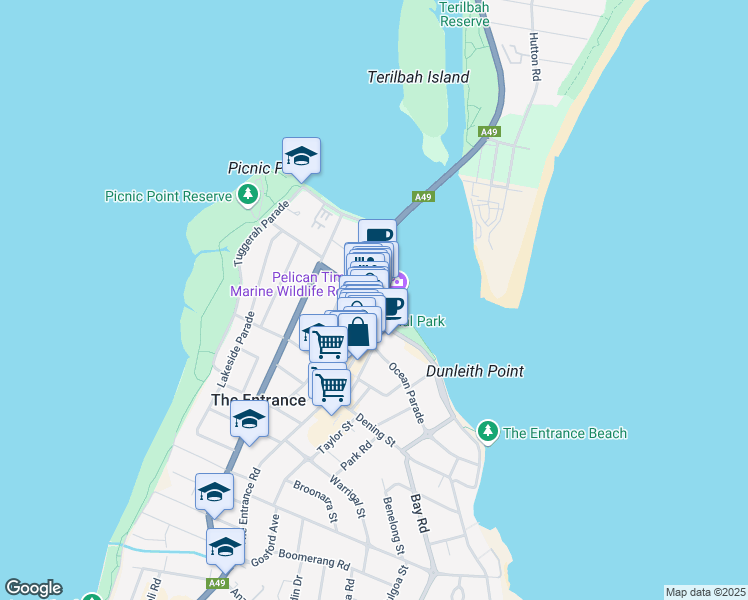 map of restaurants, bars, coffee shops, grocery stores, and more near 4 Marine Parade in The Entrance