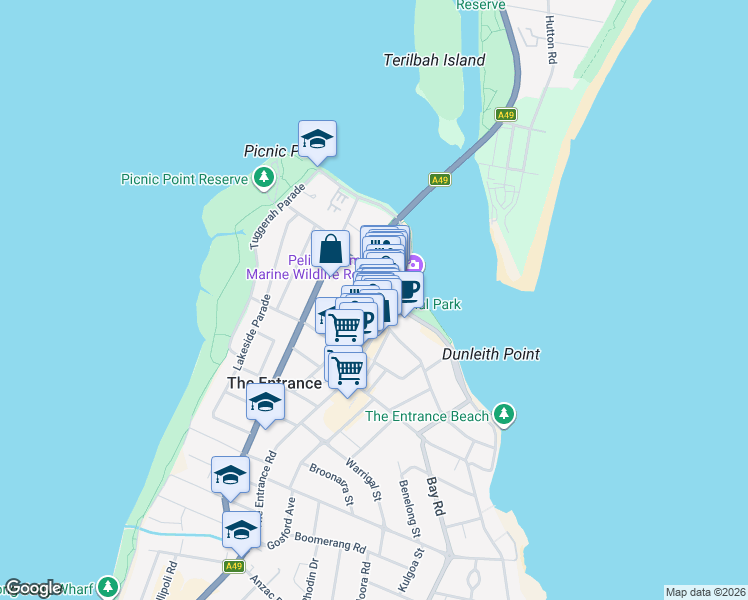 map of restaurants, bars, coffee shops, grocery stores, and more near 6 Victoria Avenue in The Entrance