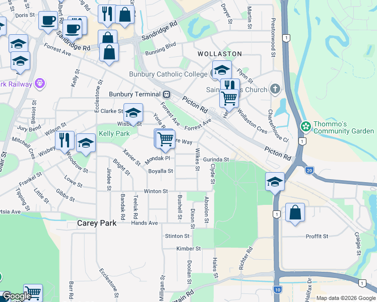 map of restaurants, bars, coffee shops, grocery stores, and more near 10 Dyinda Street in Carey Park