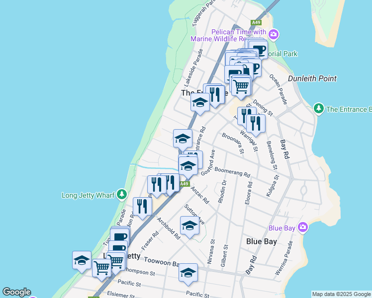 map of restaurants, bars, coffee shops, grocery stores, and more near 28 Norberta Street in The Entrance
