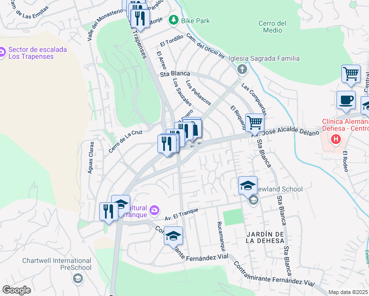 map of restaurants, bars, coffee shops, grocery stores, and more near 10581 José Alcalde Delano in Santiago