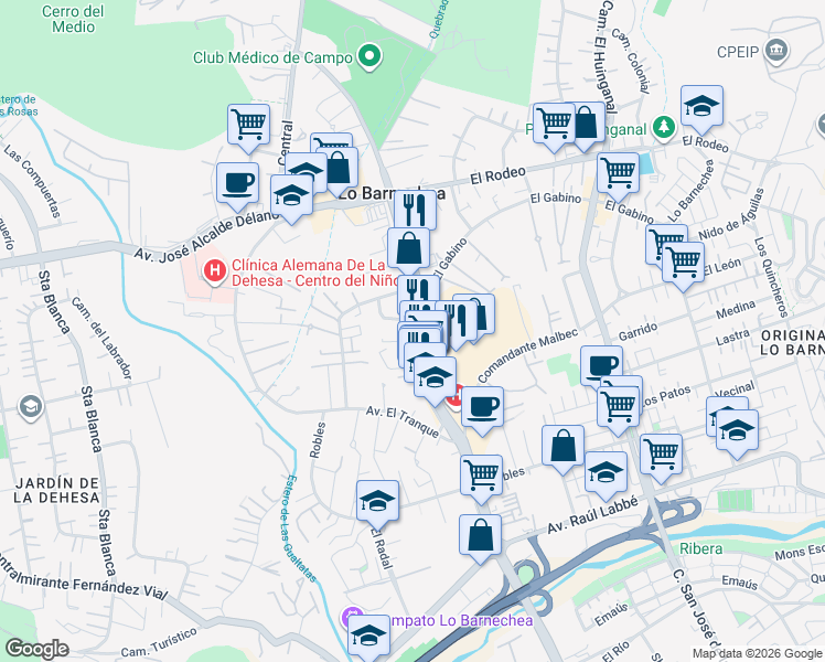 map of restaurants, bars, coffee shops, grocery stores, and more near 1672 Avenida La Dehesa in Lo Barnechea