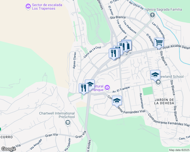 map of restaurants, bars, coffee shops, grocery stores, and more near 10581 José Alcalde Delano in Santiago
