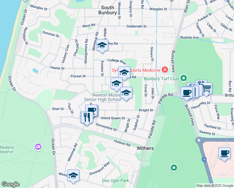 map of restaurants, bars, coffee shops, grocery stores, and more near Hotchin Street in South Bunbury