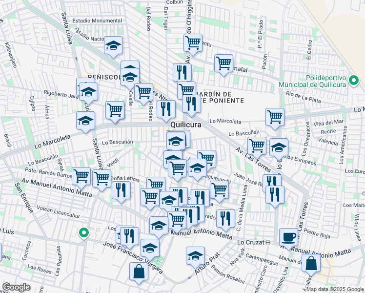 map of restaurants, bars, coffee shops, grocery stores, and more near 201 Avenida Bernardo O'Higgins in Quilicura