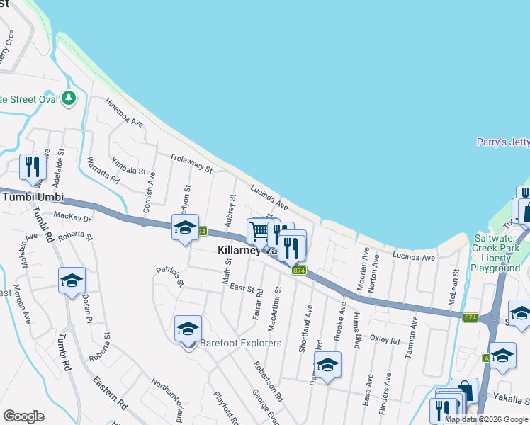 map of restaurants, bars, coffee shops, grocery stores, and more near 22 Garland Avenue in Killarney Vale