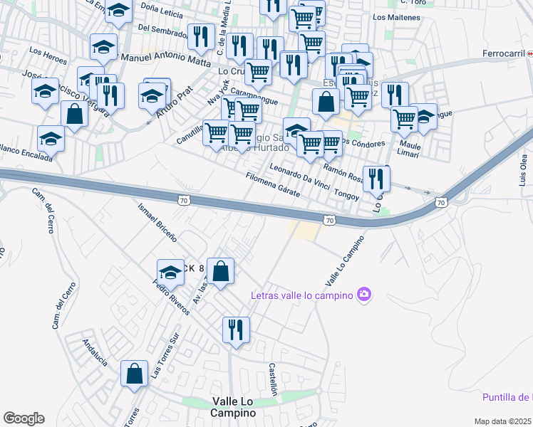 map of restaurants, bars, coffee shops, grocery stores, and more near 1597 Avenida Américo Vespucio in Quilicura