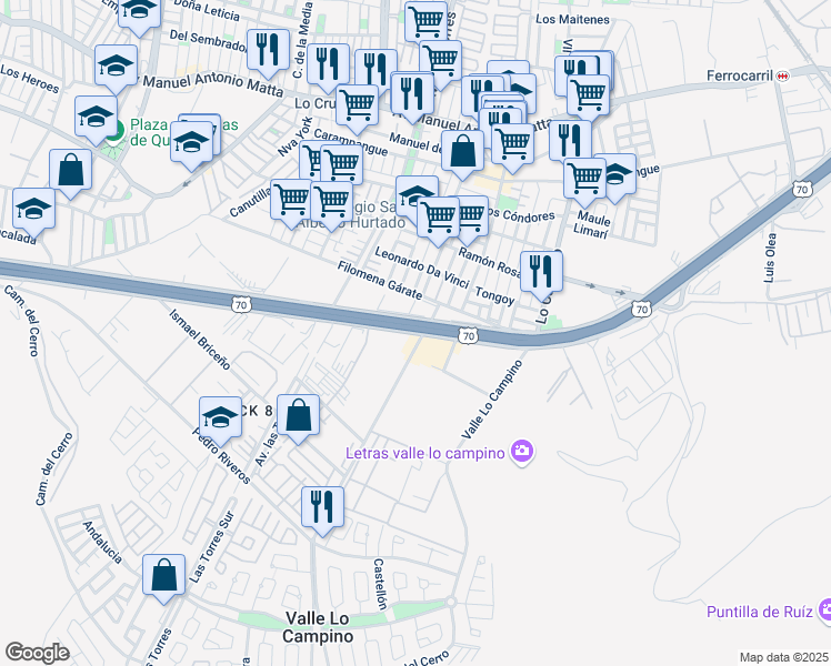 map of restaurants, bars, coffee shops, grocery stores, and more near 1597 Avenida Américo Vespucio in Quilicura
