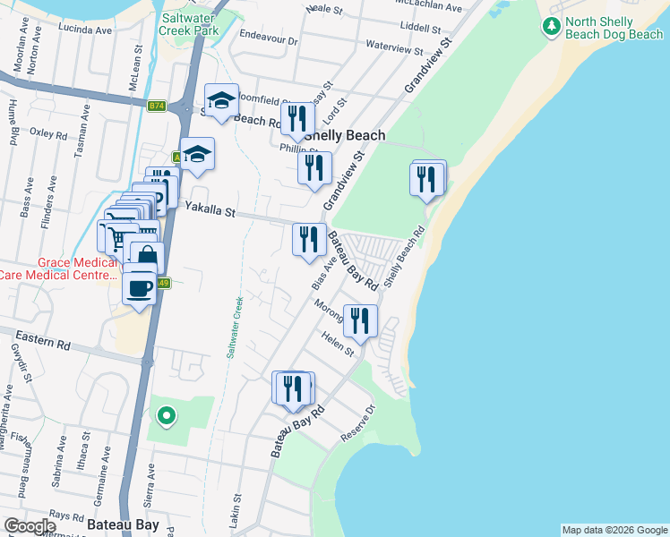map of restaurants, bars, coffee shops, grocery stores, and more near 4 Bias Avenue in Bateau Bay