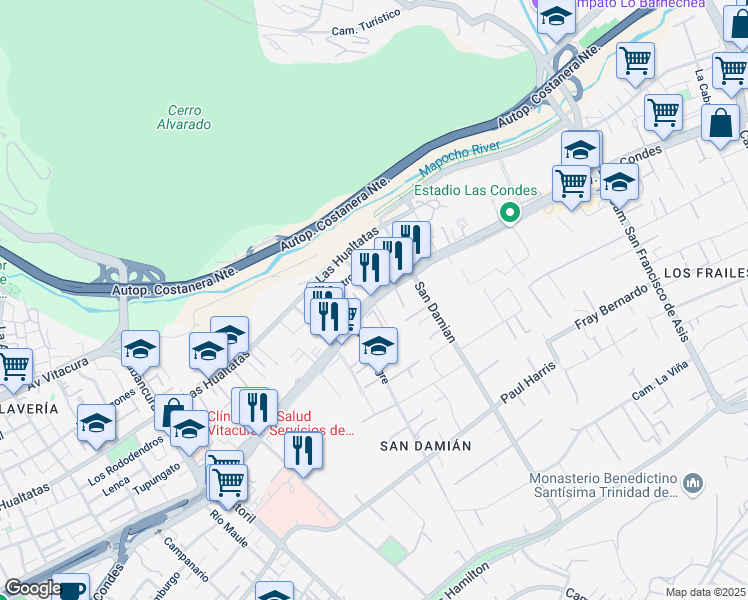 map of restaurants, bars, coffee shops, grocery stores, and more near 11285 Las Condes in Santiago