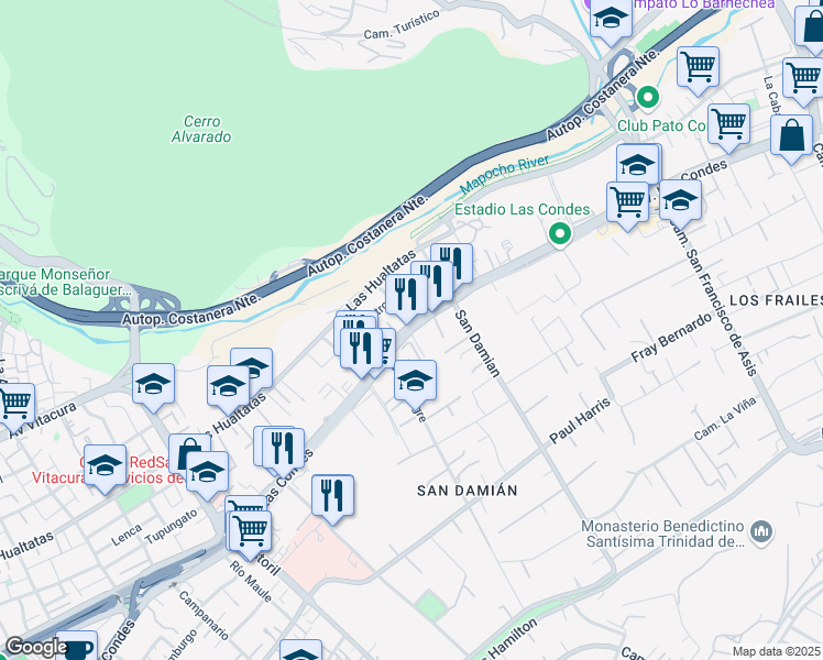 map of restaurants, bars, coffee shops, grocery stores, and more near 11287 Las Condes in Santiago