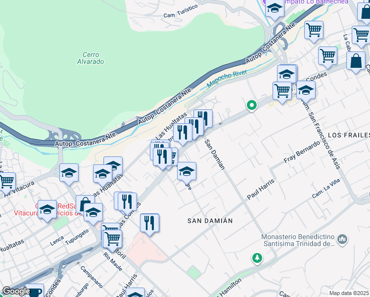 map of restaurants, bars, coffee shops, grocery stores, and more near 11287 Las Condes in Santiago