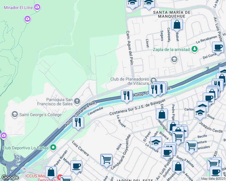 map of restaurants, bars, coffee shops, grocery stores, and more near 5860 Santa María in Vitacura