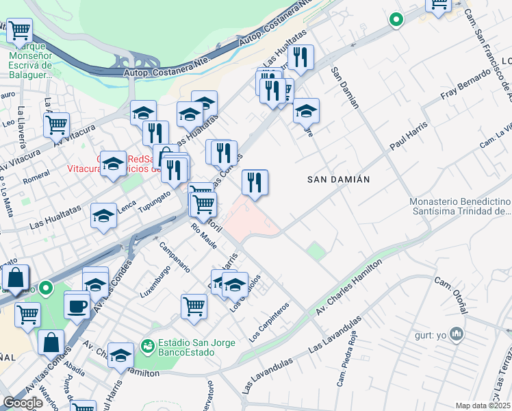 map of restaurants, bars, coffee shops, grocery stores, and more near 441 Lo Fontecilla in Santiago