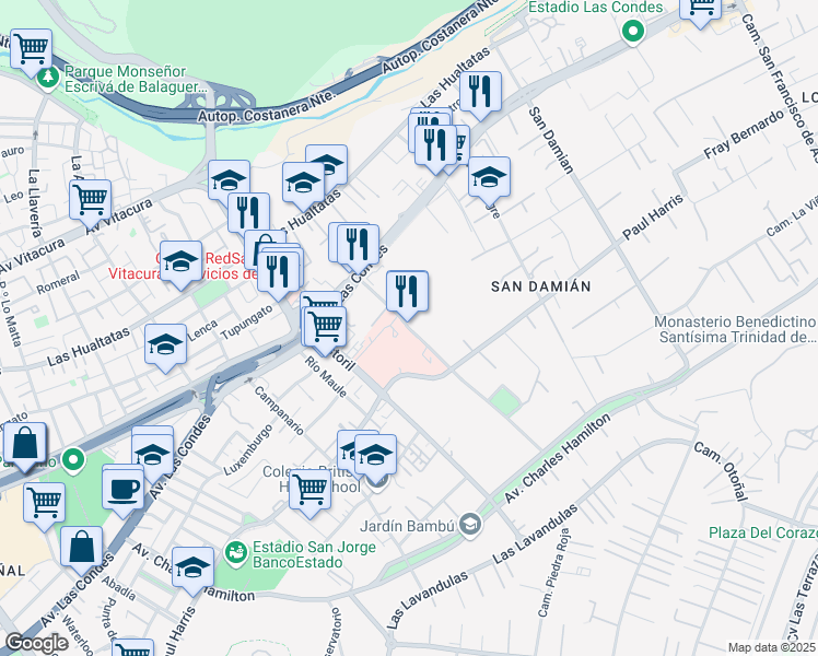 map of restaurants, bars, coffee shops, grocery stores, and more near 441 Lo Fontecilla in Santiago