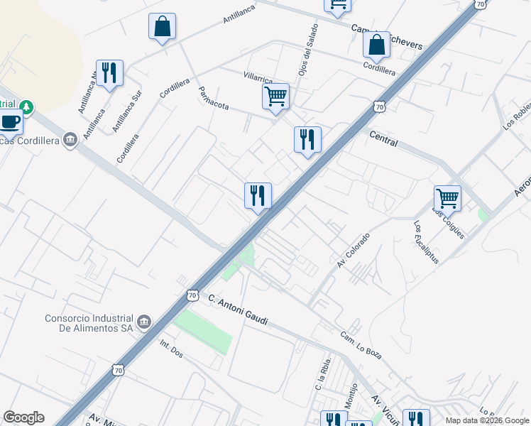 map of restaurants, bars, coffee shops, grocery stores, and more near Avenida Américo Vespucio in Pudahuel
