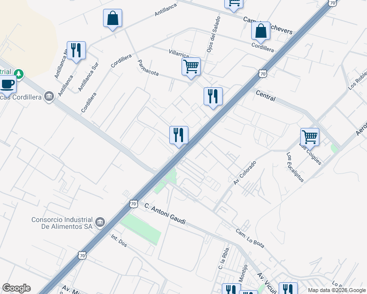 map of restaurants, bars, coffee shops, grocery stores, and more near Avenida Américo Vespucio in Pudahuel