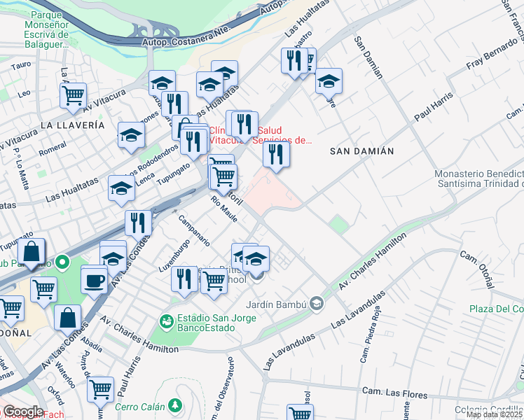 map of restaurants, bars, coffee shops, grocery stores, and more near 450 Estoril in Las Condes