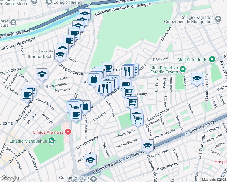 map of restaurants, bars, coffee shops, grocery stores, and more near 6852 Vitacura in Santiago