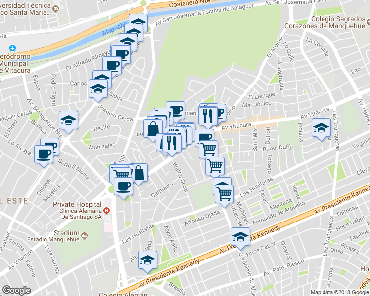 map of restaurants, bars, coffee shops, grocery stores, and more near 6852 Vitacura in Santiago