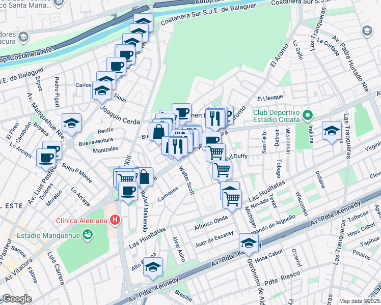 map of restaurants, bars, coffee shops, grocery stores, and more near 6840 Vitacura in Santiago