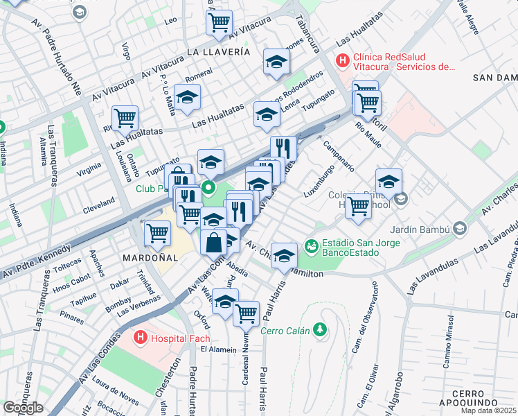 map of restaurants, bars, coffee shops, grocery stores, and more near in Las Condes
