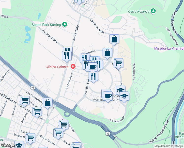 map of restaurants, bars, coffee shops, grocery stores, and more near 4520 Del Parque in Santiago