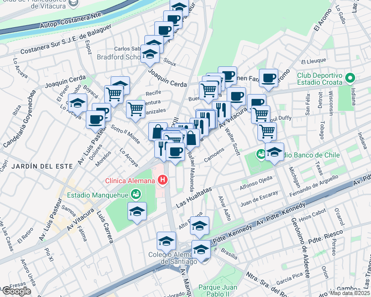 map of restaurants, bars, coffee shops, grocery stores, and more near in Vitacura