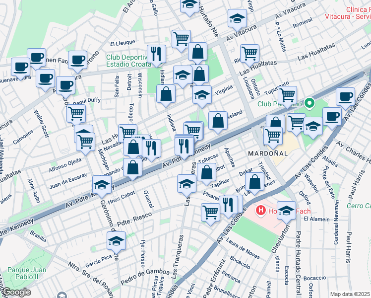 map of restaurants, bars, coffee shops, grocery stores, and more near 7818 Avenida Presidente Kennedy in Vitacura