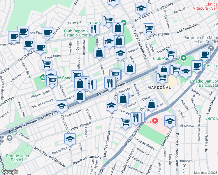 map of restaurants, bars, coffee shops, grocery stores, and more near 7818 Avenida Presidente Kennedy in Vitacura