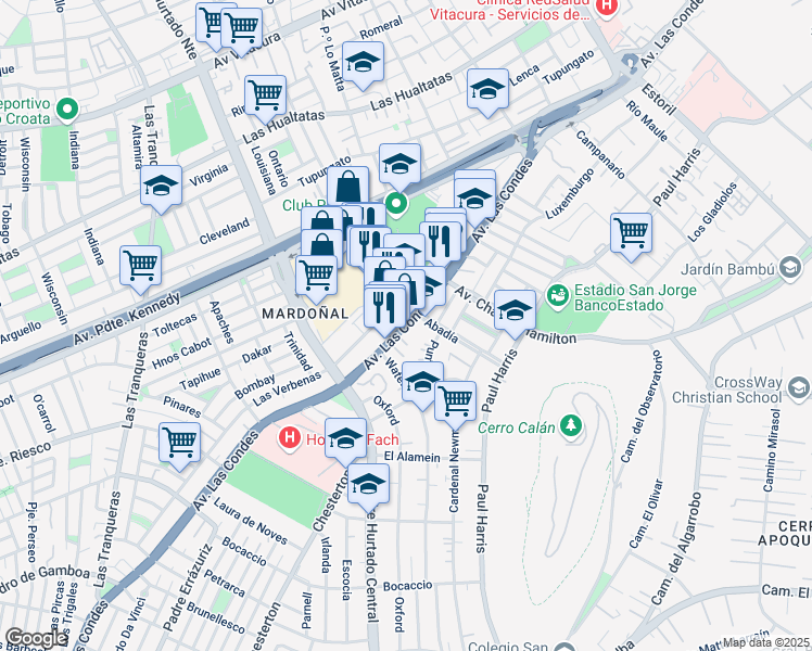 map of restaurants, bars, coffee shops, grocery stores, and more near 9160 Las Condes in Santiago