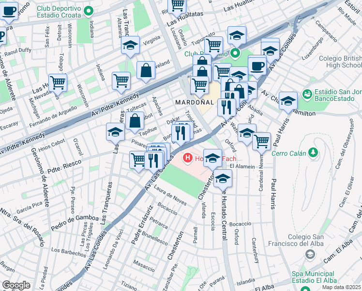 map of restaurants, bars, coffee shops, grocery stores, and more near 450 Estoril in Las Condes