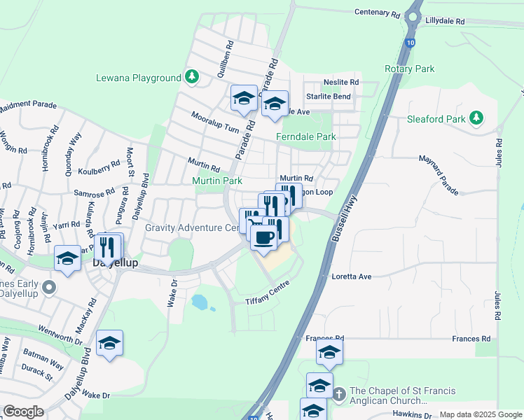 map of restaurants, bars, coffee shops, grocery stores, and more near Oakover Street in Dalyellup