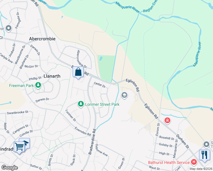 map of restaurants, bars, coffee shops, grocery stores, and more near 34 Cedar Drive in Llanarth