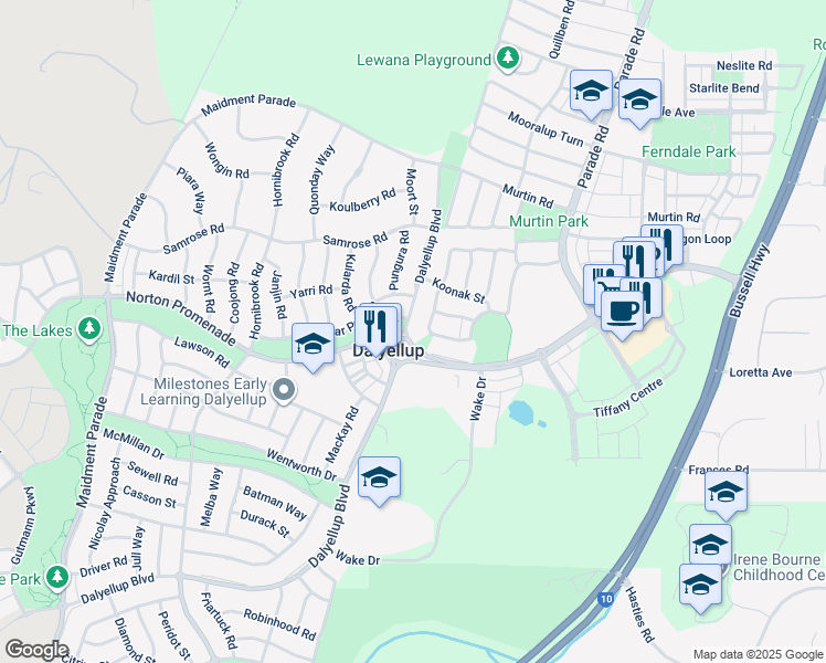 map of restaurants, bars, coffee shops, grocery stores, and more near 18 Kambany Approach in Dalyellup