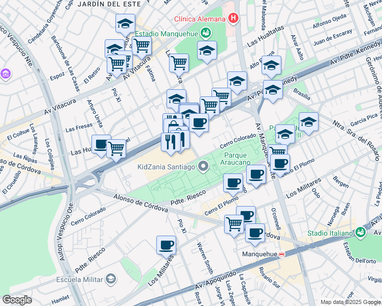 map of restaurants, bars, coffee shops, grocery stores, and more near 5413 Avenida Presidente Kennedy in Vitacura