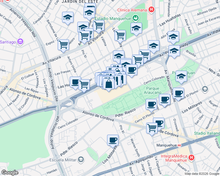 map of restaurants, bars, coffee shops, grocery stores, and more near 5413 Avenida Presidente Kennedy in Vitacura