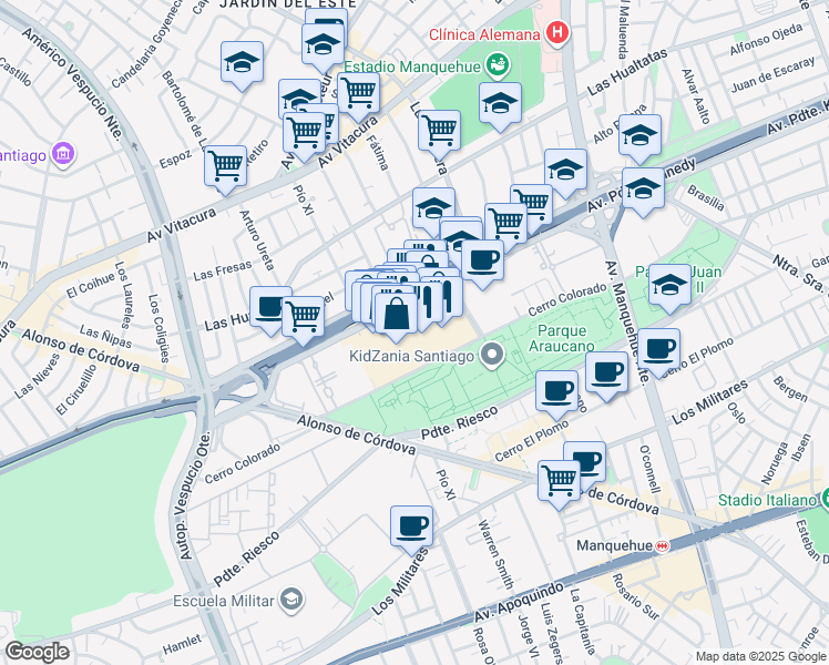 map of restaurants, bars, coffee shops, grocery stores, and more near 5413 Avenida Presidente Kennedy in Las Condes