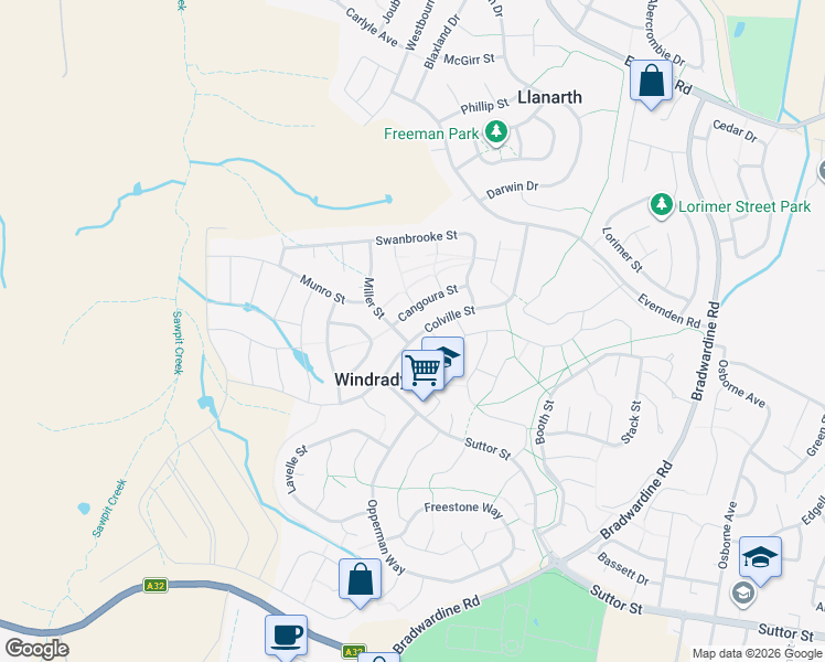 map of restaurants, bars, coffee shops, grocery stores, and more near 47 Colville Street in Windradyne