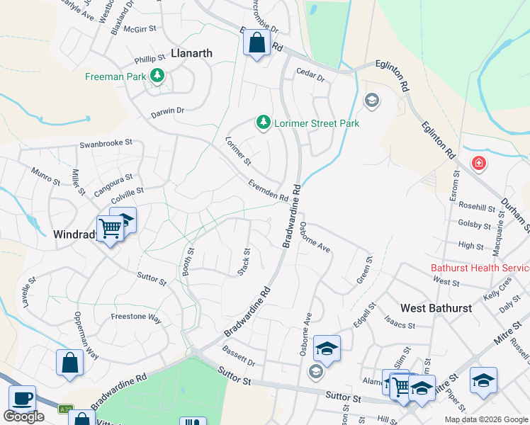map of restaurants, bars, coffee shops, grocery stores, and more near 13 Red Gum Place in Windradyne
