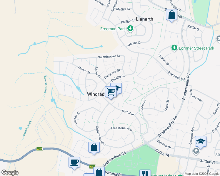 map of restaurants, bars, coffee shops, grocery stores, and more near 50 Colville Street in Windradyne