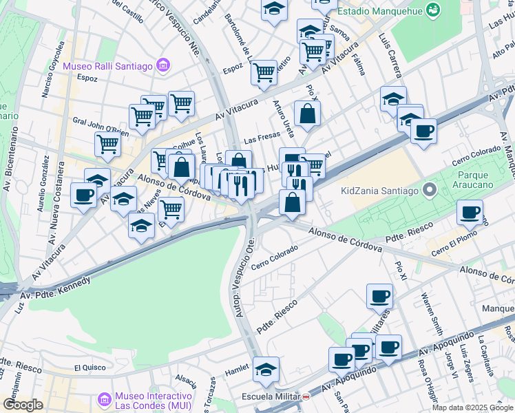 map of restaurants, bars, coffee shops, grocery stores, and more near 4420 Avenida Presidente Kennedy in Vitacura