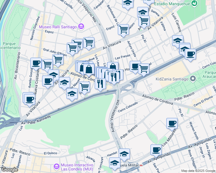 map of restaurants, bars, coffee shops, grocery stores, and more near 4309 Alonso de Córdova in Vitacura