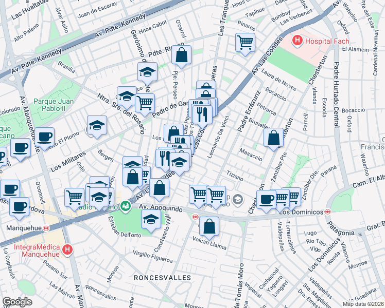 map of restaurants, bars, coffee shops, grocery stores, and more near 13 Tiziano in Las Condes