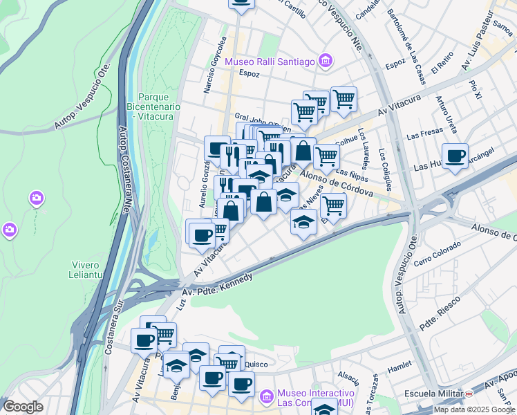 map of restaurants, bars, coffee shops, grocery stores, and more near 3523 Avenida Vitacura in Vitacura