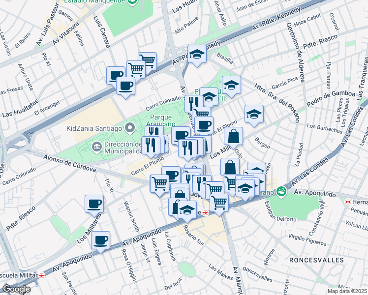 map of restaurants, bars, coffee shops, grocery stores, and more near 6000 Cerro El Plomo in Santiago