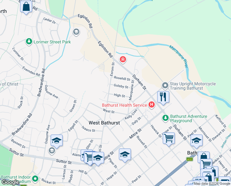 map of restaurants, bars, coffee shops, grocery stores, and more near 17 High Street in West Bathurst