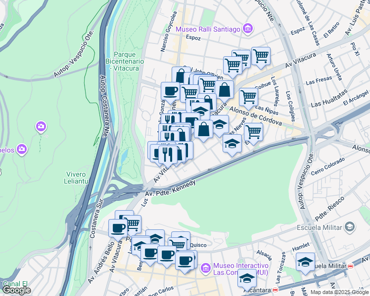 map of restaurants, bars, coffee shops, grocery stores, and more near 3435 Avenida Vitacura in Vitacura